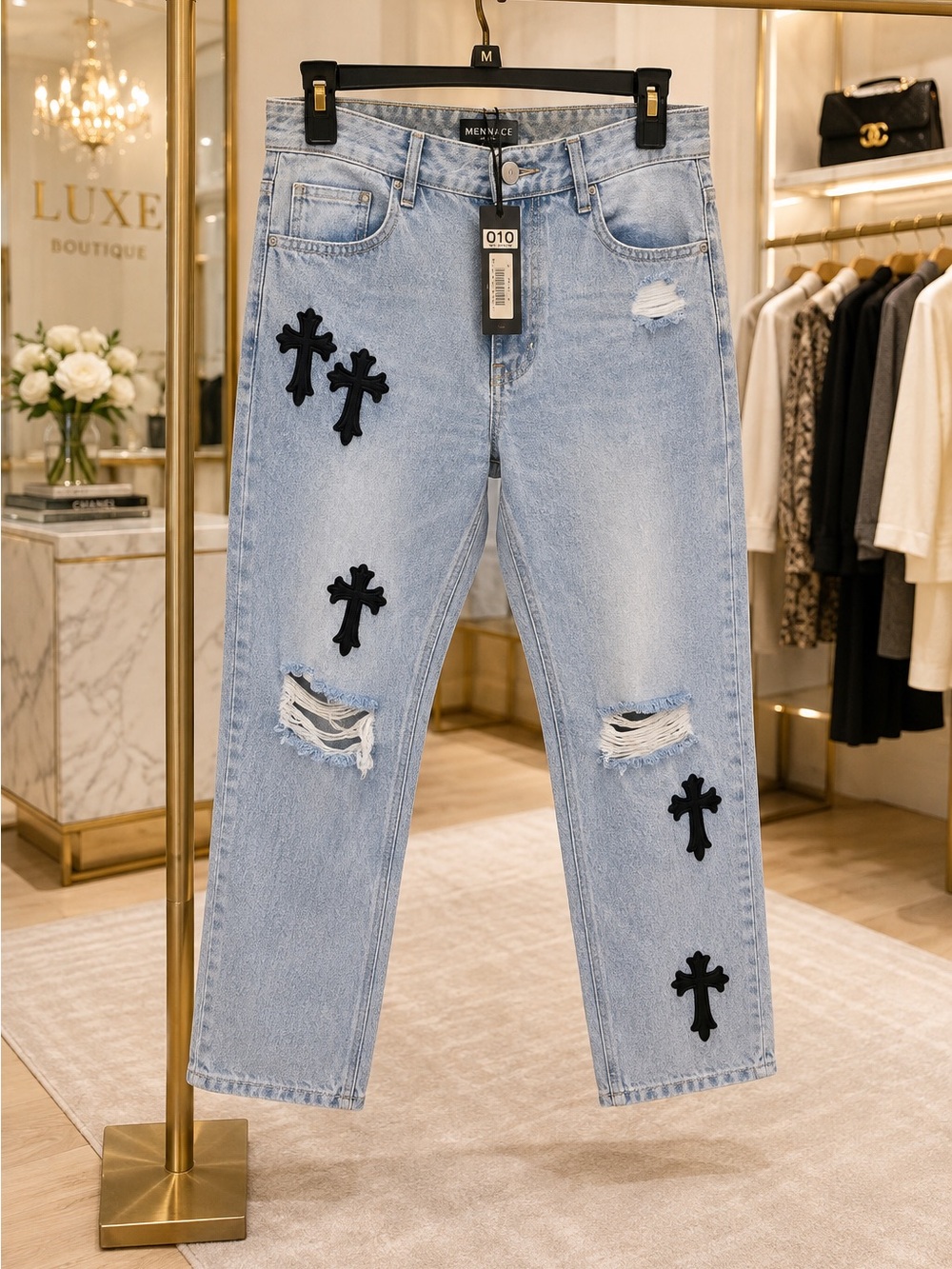 Mennace Mirror Cross Straight Fit Distressed Jeans Blue NWT Size 28